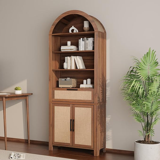 79" Tall Arched Bookcase with Storage, Mid Century Modern 6-Tier Cabinet with Door and Drawer, Arched Bookshelf with Open Display Shelf for Office Living Room(Walnut, 79inch-Doors)
