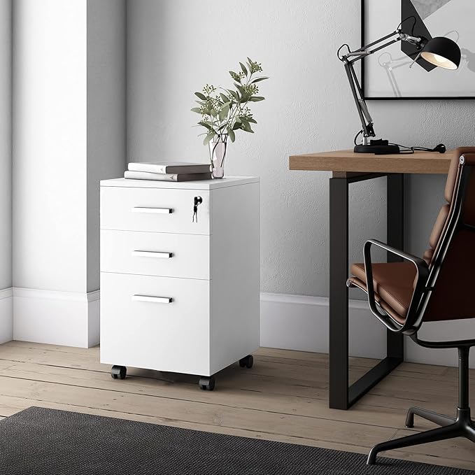 Drawer Chest Wood File Cabinet Rolling Organizer Storage Dresser with Wheels for Home Office, Mobile File Cabinet, Rolling Printer Stand with 3 Drawers, Vertical Filing Cabinet for Home Office (White)