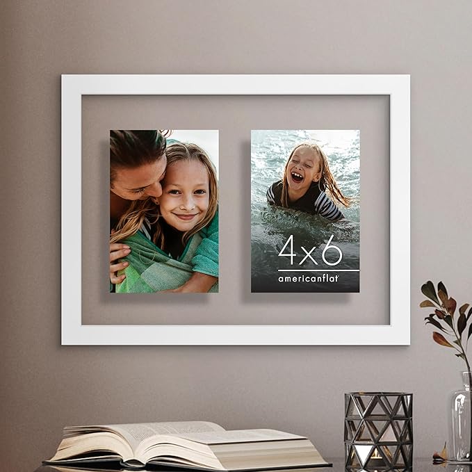 Americanflat 4x6 Double Picture Frame with Shatter-Resistant Glass - Fits Two 4x6 Photos or use as One 9x12 Picture Frame - Signature Collection - Collage Frames with Floating Effect for Wall - White