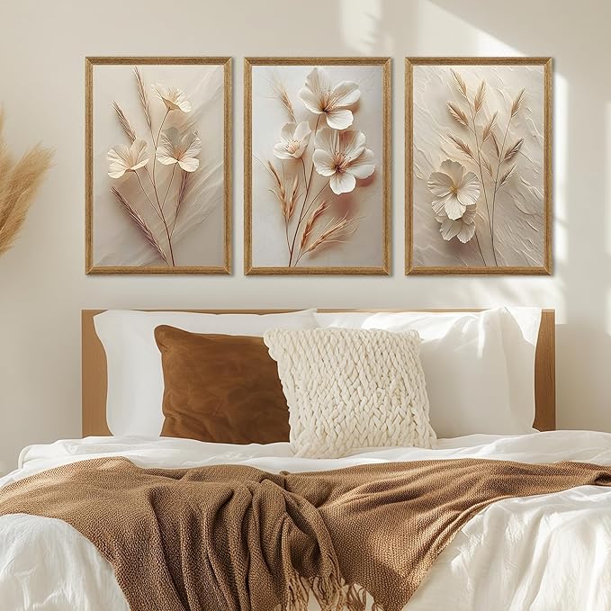 Wall Art Set Of Three Botanical Flower Canvas Prints With Wood Frames For Living Room Bedroom Home Decor Art Prints 16x24 Inch Each Wood Framed Easy To Hang