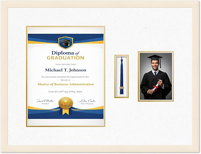 Diploma Tassel and Photo Frame Coastal Whitewash Shadowbox Oyster Shell Over Gold Mat - Fits 11 x 14 Degree Picture Made in the USA