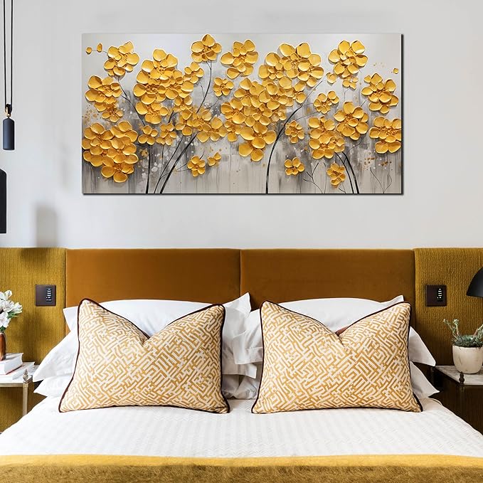 SKYRISE Abstract Gold Yellow Floral/Flower Wall Art Decor for Living Room, Modern Canvas Art Decorative-Picture Print Artwork for Bedroom Office, Size 48x24 Inches