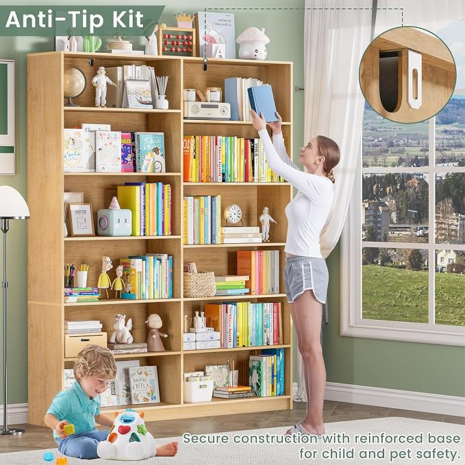 Freestanding Bookshelf and Bookcase, 6 Tier Double Wide Bookshelves, Home Display Storage Shelves 70.8” Tall Bookcases for Home Decor Bedroom, Living Room, Natural