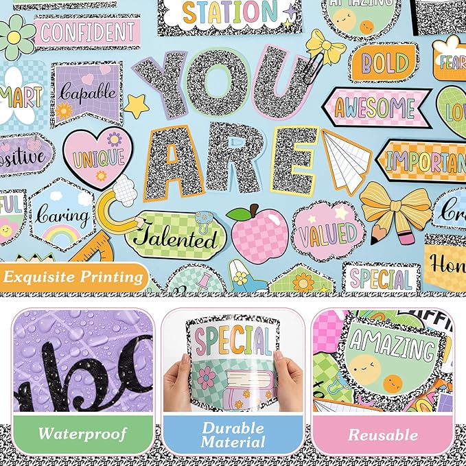 45pcs Composition Affirmation Station Bulletin Board Set Motivational Posters Classroom Mirror Growth Mindset Decor Positive Affirmations Accents Cutouts for School Office Home Teacher Wall