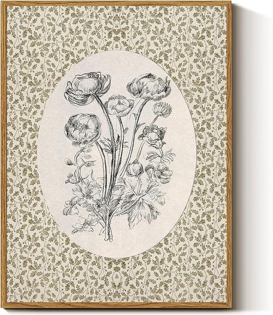 InSimSea Framed Canvas Prints Art Vintage Decor, Classical Neutral Floral Painting, Rustic Cottage Roses Flower Nursery Wall Art for Living Room Bedroom Home Bathroom Wall Decor, 12x16inch