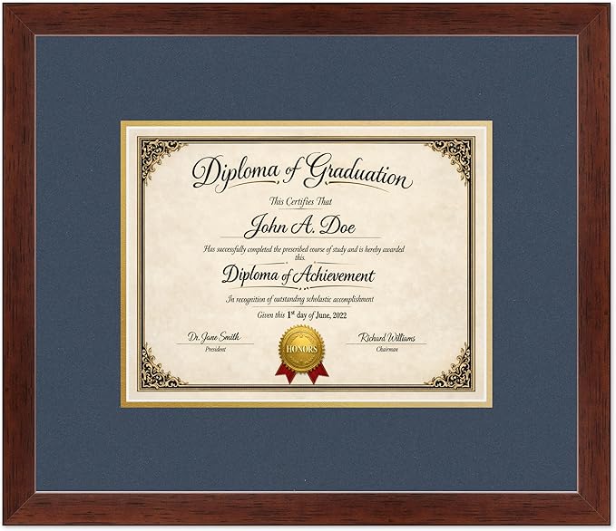 Diploma Frame Rustic Walnut with Navy Blue Over Gold Double Mat - Fits 11 x 8.5 US Letter Certificate Wall Display Made in the USA
