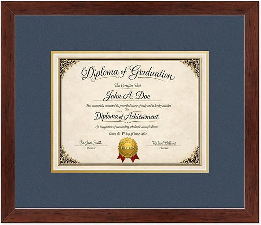 Diploma Frame Rustic Walnut with Navy Blue Over Gold Double Mat - Fits 11 x 8.5 US Letter Certificate Wall Display Made in the USA