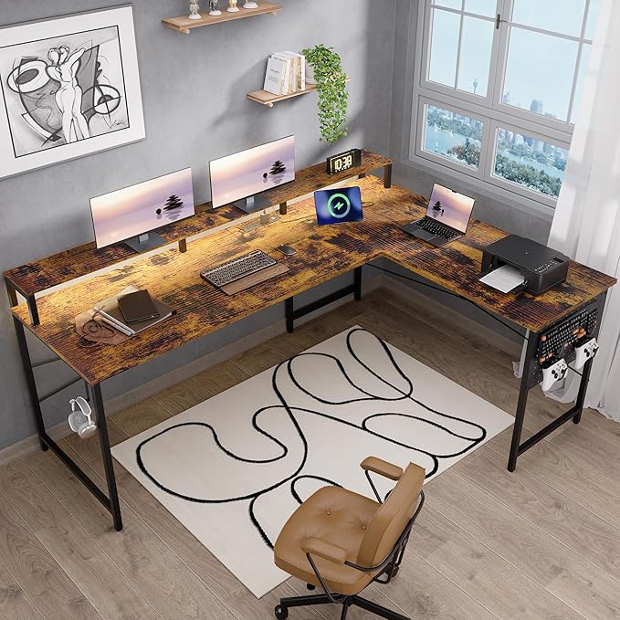 Pamray 64 Inch L Shaped Gaming Desk with Power Outlets and Led Lights, Large Corner Computer Desk with Monitor Stand and Pegboard, PC Table for Home Office and Bedroom Vintage