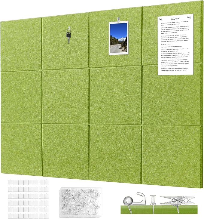 Felt Wall Tiles Bulletin Board Large Cork Board Alternative 12 Pack 11.81”x11.81”x0.47” Felt Pin Board Tack Board with Safe Removable Adhesive Tabs for Home Office School 48x36(Grass Green)