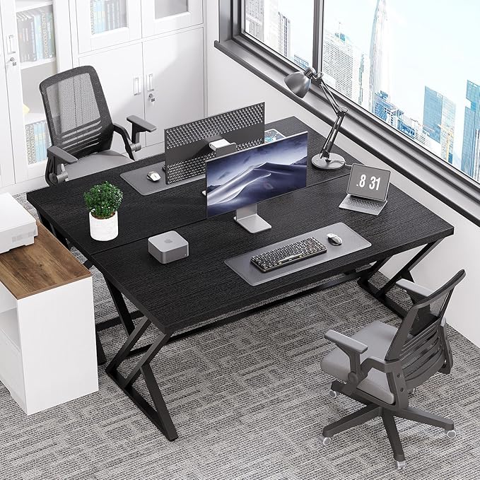 LVB Black Desk, Modern Gaming Writing Computer Desk for Home Office, Metal Wood Study Work PC Computer Table for Bedroom, Industrial Executive Student Workstation Desk, 47 Inch, Black Oak