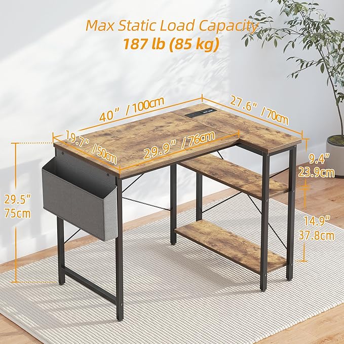 TIQLAB Small Computer Desk with Power Outlets, 40 Inch L Shaped Desk with Reversible Shelves, Gaming Desk Corner Desk Study Writing Desk for Home Office Bedroom Small Space, Rustic Brown
