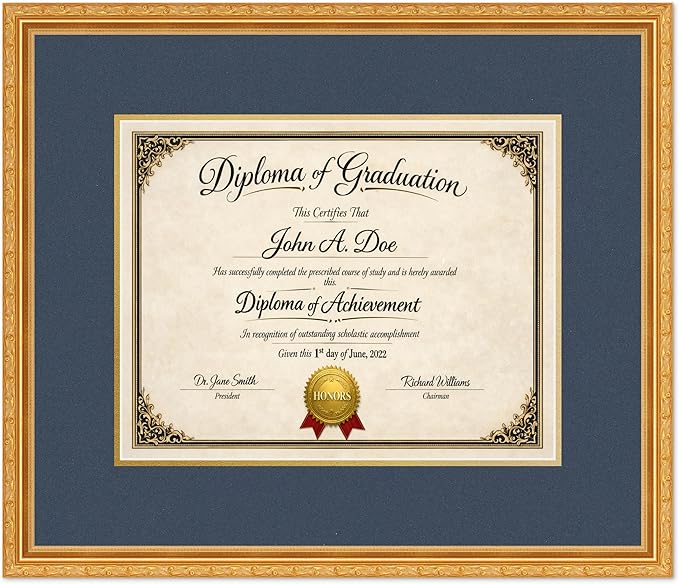 Diploma Frame Museum Gold with Navy Blue Over Gold Double Mat - Fits 14 x 11 College Diploma (Modern) Wall Display Made in the USA