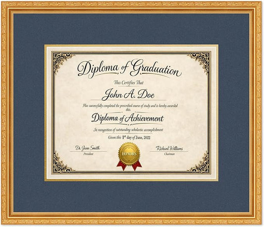 Diploma Frame Museum Gold with Navy Blue Over Gold Double Mat - Fits 14 x 11 College Diploma (Modern) Wall Display Made in the USA