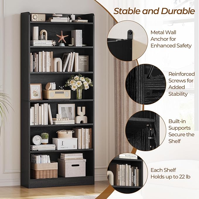 Yaheetech 7-Tier Open Bookcase and Bookshelf, Modern Simple Floor Standing Display Storage Shelves with Top Open Compartment for Home Office, Study, Living Room - Black