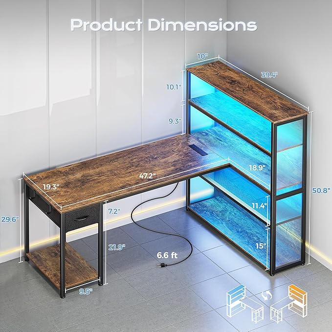 PRAISUN 57 Inch L Shaped Gaming Computer Desk with Larger Open Cabinet, Reverisble Office Desk with Power Outlets, LED Lights, Work Desk, Fabric Drawer, Adjustable Wood and Mesh Shelf, Rustic Brown