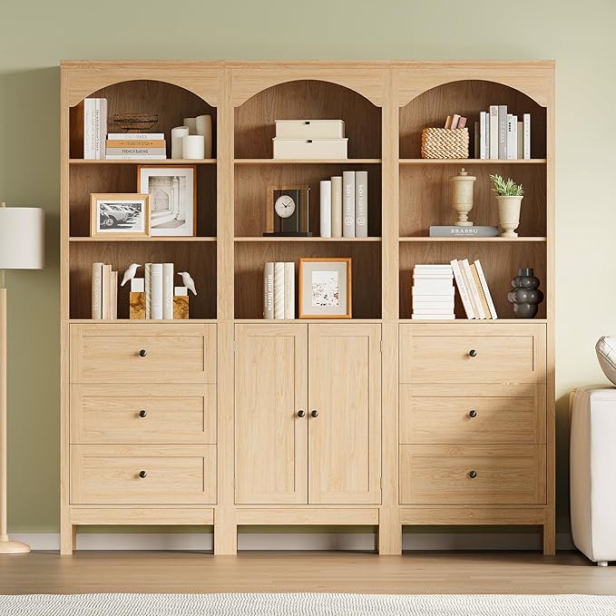 Bookshelf with Drawers, 71" Tall Wood Bookcase with Adjustable Shelf, 24" Wide Arched Book Shelf, Floor Standing Display Storage Cabinet for Home Office, Study and Living Room, Natural Oak