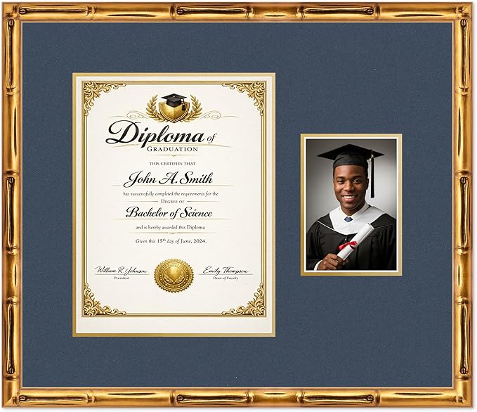 CountryArtHouse Fits 10 x 13 College Diploma (Portrait Traditional) and 5 x 7 Diploma and Photo Frame Gold Bamboo Genuine Hardwood with Navy Blue Over Metallic Gold Double mat