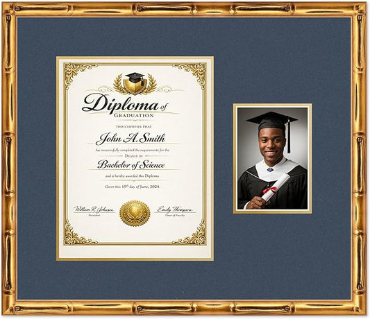CountryArtHouse Fits 10 x 13 College Diploma (Portrait Traditional) and 5 x 7 Diploma and Photo Frame Gold Bamboo Genuine Hardwood with Navy Blue Over Metallic Gold Double mat