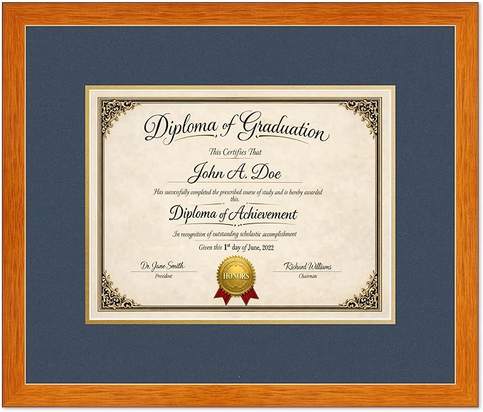 Diploma Frame Honey Oak with Navy Blue Over Gold Double Mat - Fits 13 x 10 College Diploma (Traditional) Wall Display Made in the USA