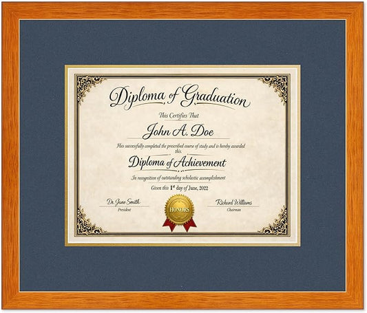 Diploma Frame Honey Oak with Navy Blue Over Gold Double Mat - Fits 13 x 10 College Diploma (Traditional) Wall Display Made in the USA