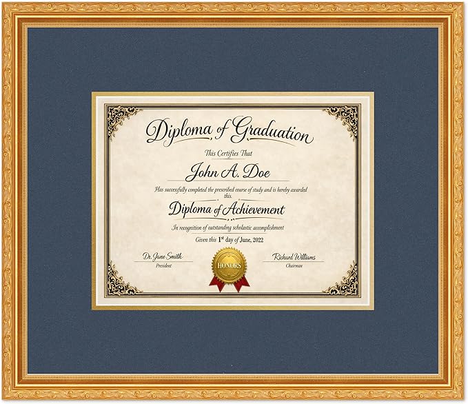 Diploma Frame Museum Gold with Navy Blue Over Gold Double Mat - Fits 11 x 8.5 US Letter Certificate Wall Display Made in the USA