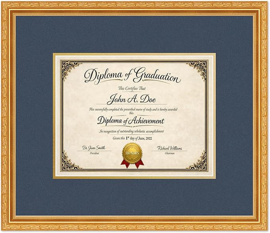 Diploma Frame Museum Gold with Navy Blue Over Gold Double Mat - Fits 11 x 8.5 US Letter Certificate Wall Display Made in the USA