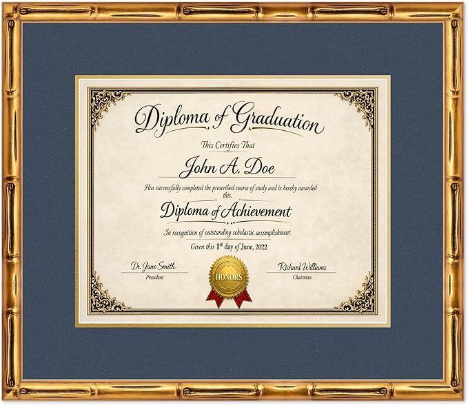 Diploma Frame Gold Bamboo with Navy Blue Over Gold Double Mat - Fits 15 x 12 Military/Government Wall Display Made in the USA