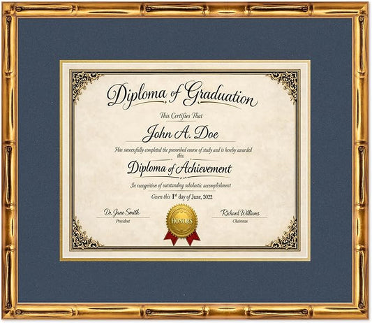 Diploma Frame Gold Bamboo with Navy Blue Over Gold Double Mat - Fits 15 x 12 Military/Government Wall Display Made in the USA