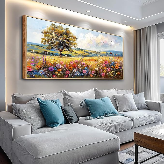 hyidecorart Farmhouse Wall Art For Living Room Pictures For Bedroom Wall Decor Natural Scenery Wall Painting Office Artwork Colorful Flowers And Trees Canvas Prints Hanging Decor Wood Framed 72x32