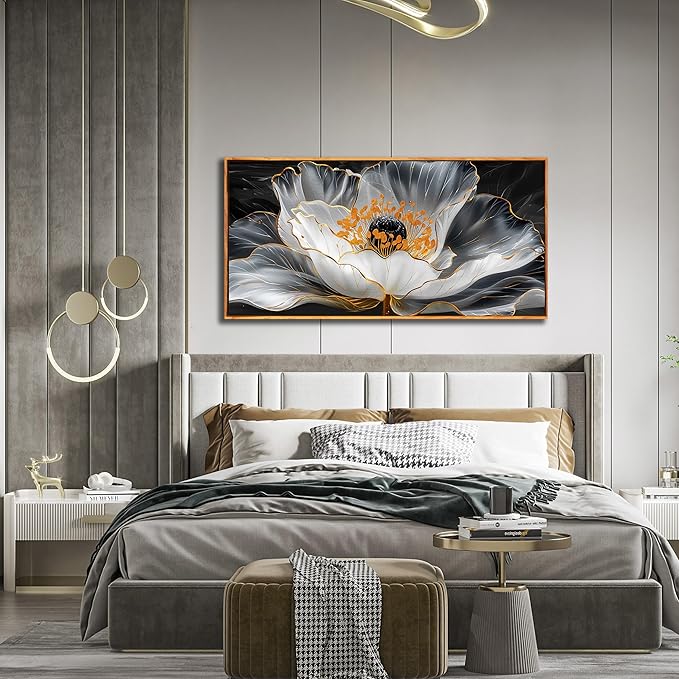 Floral Wall Pictures White Wall Art Lotus Wall Decorations Large Modern Artwork 29"x 59"Art for Kitchen Hotel