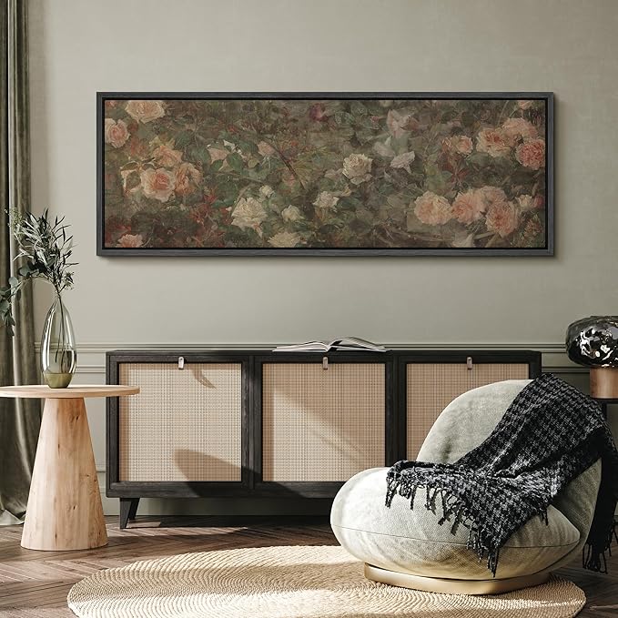 SIGNFORD Large Framed Canvas Vintage White Rose Garden Print Classic Floral Illustrations Modern Art Calm Warm for Living Room, Bedroom, Office - 60"x20"