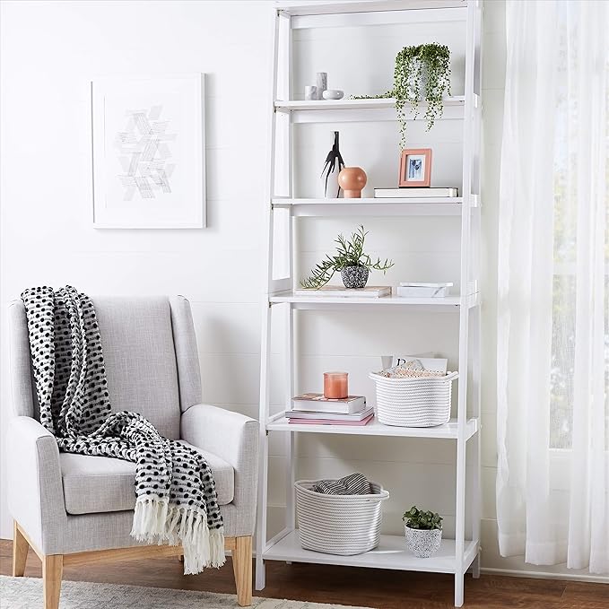 Amazon Basics 5-Tier Sturdy Rubberwood Ladder Bookshelf, Freestanding Storage Organizer Bookcase, Display Shelf for Small Space, White, 25.98" W x 74.48" H x 15.03" D