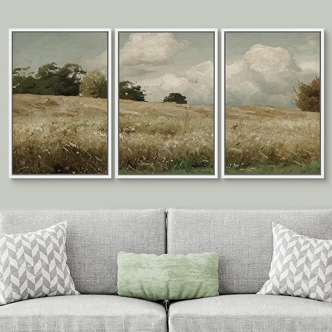 SIGNWIN Framed Canvas Print Wall Art Woodland Nursery Decor Set Watercolor Country Field Landscape Pasture Nature Abstract Fine Art Nordic for Living Room, Bedroom, Office - 16"x24"x3 White