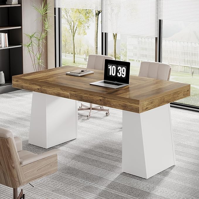 Tribesigns 55 Inches Executive Desk, Mid-Century Modern Home Office Desk, Wood Computer Table Business Workstation Small Conference Table, White & Brown