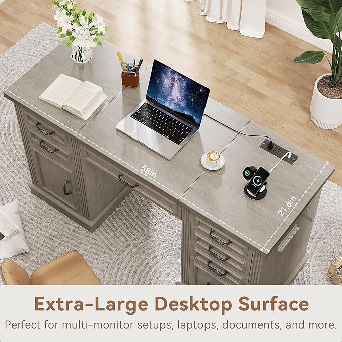 Farmhouse 57" Lift Up Executive Desk with 5 Drawers and Charging Station, Wood Home Office Computer Desk with File Cabinet Storage, Keyboard Tray,Headphone Hook for Work,Study (Grey)