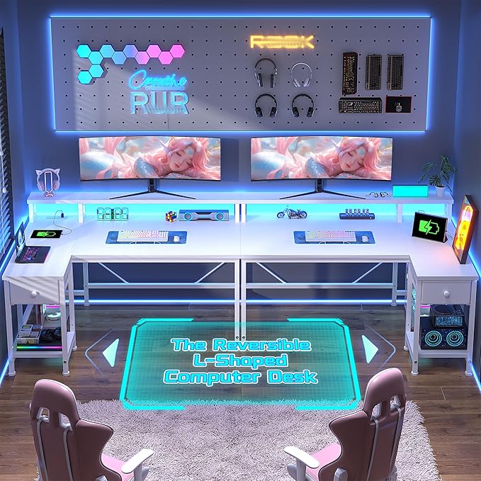 White Desk with Drawers, 40" L Shaped Computer Desk with Monitor Stand & LED Lights & Power Outlet for Small Room, Study Room, Bedroom, White