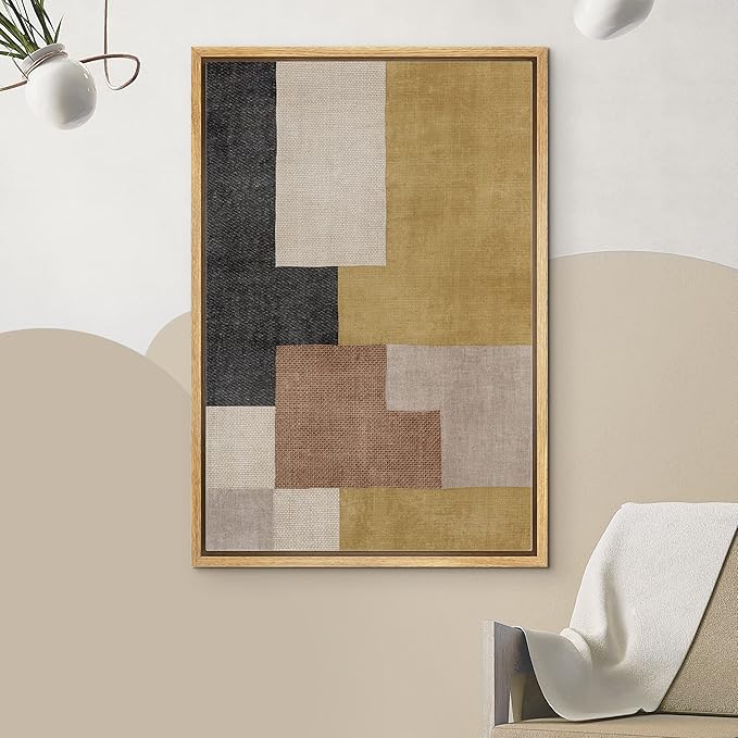 IDEA4WALL Framed Canvas Print Wall Art Mid-Century Yellow Gray Blocks Abstract Geometric Illustrations Modern Art Minimalism Shapes Multicolor Boho for Living Room, Bedroom, Office - 24"x36" Natural