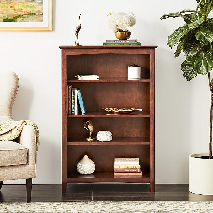 Solid Wood Bookcase 48" High, Adjustable Shelves, Parawood Construction, Easy Assembly, Kitchen/Dining Storage Furniture