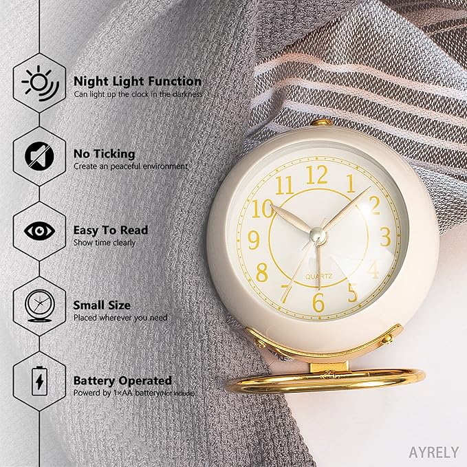 AYRELY® Battery Operated Desk Alarm Clock with Light,Silent No Ticking,Small Table Clock for Bedside/Bedroom/Living Room/Office/Travel/Kids/Room Decor Aesthetic Vintage(Cream)