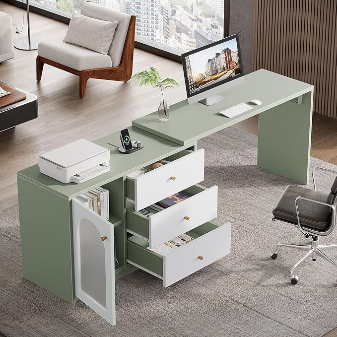 Tribesigns L-Shaped Computer Desk with Drawers, Modern Corner Home Office Desk with Reversible Storage Cabinet, Long Study Writing Desk Workstation for Home Office, Cyan & White