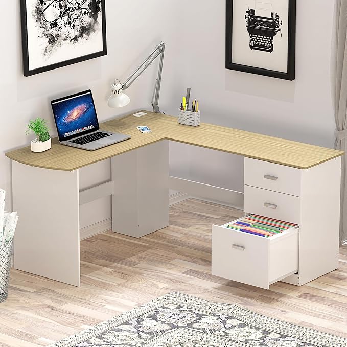 SHW 51 x 59 Inches L-Shaped Home Office Wood Corner Desk with Box Box File Drawers, Oak