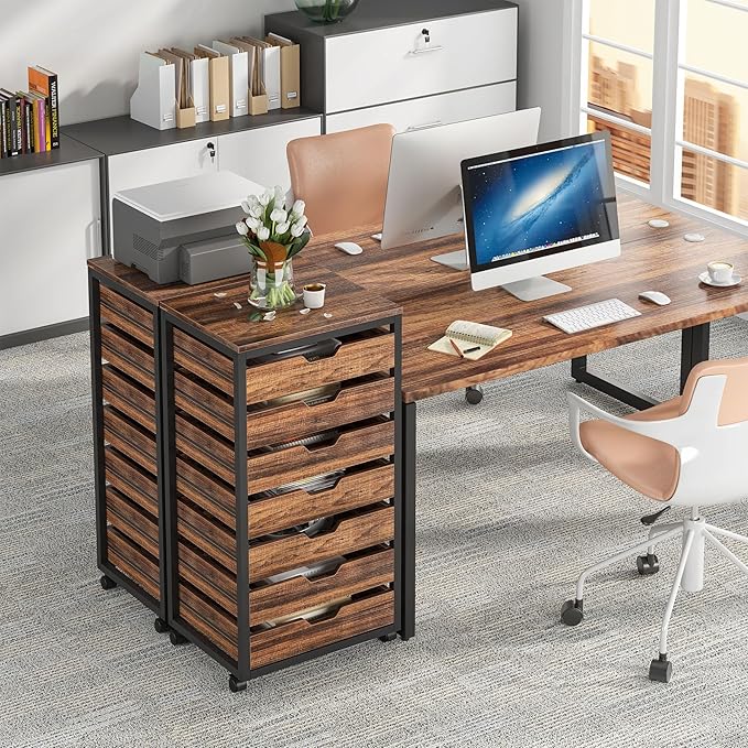 Tribesigns 7-Drawer File Cabinet, Wood Mobile Storage Drawer Unit, Industrial Office Cabinet with Drawers & Wheels, Rolling Printer Stand for Home Office (Rustic Brown)