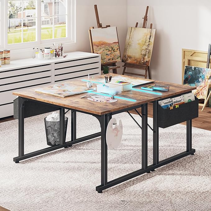 40 Inch Computer Desk with LED Lights for Small Spaces, Office Desk for Home Office, Study Desk Writing Table with Storage Bag, Headphone Hook, Rustic Brown