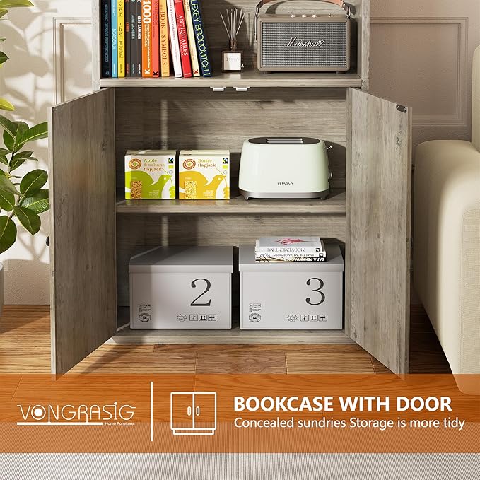 Vongrasig 6-Tier Open Bookcase and Bookshelf with Doors, Floor Standing Farmhouse Display Storage Shelves 71 Inch Wood Tall Bookcase for Home Office, Living Room, Bed Room, Ash Grey