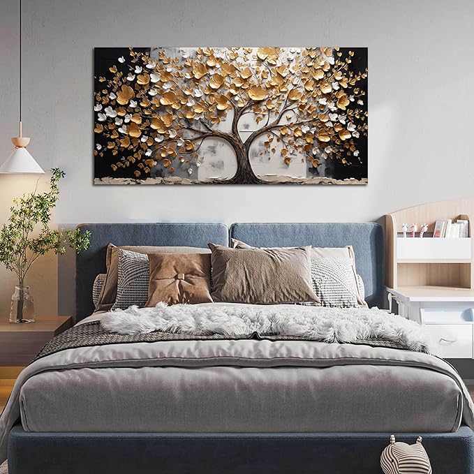 SKYRISE Abstract Gold Tree Wall Art for Living Room, Golden Tree Canvas Wall-Decor for Bedroom, Modern Landscape Decorative-Picture Print Artwork for Office Home, Large Size 59x29 Inches
