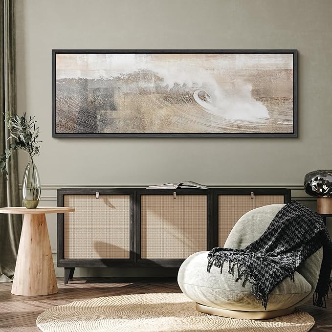 SIGNFORD Large Framed Canvas Neutral Ocean Wave Abstract Illustrations Modern Art Calm Warm for Living Room, Bedroom, Office - 60"x20"