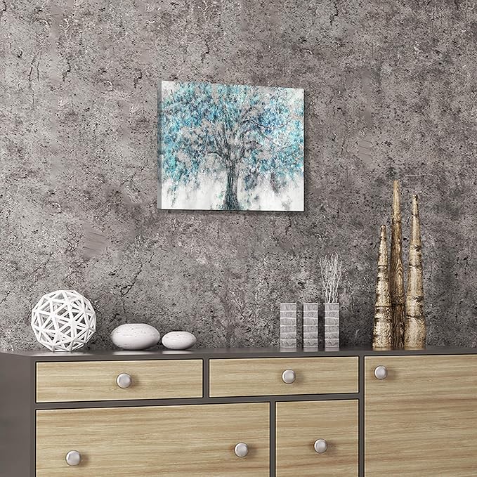 Hardy Gallery Abstract Tree Canvas Wall Art: Blue Painting Graphic Art Picture Print on Canvas Small Size without Embellishment for Dining Room (12"x16"x 1 Panel)