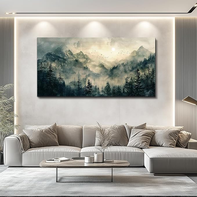 FUHAIHUA Large Framed Wall Decor For Living Room Canvas Wall Art For Office Farmhouse Wall Decorations For Bedroom Forest Fog Landscape Paintings Modern Pictures Artwork Room Home Decor 24x48 In