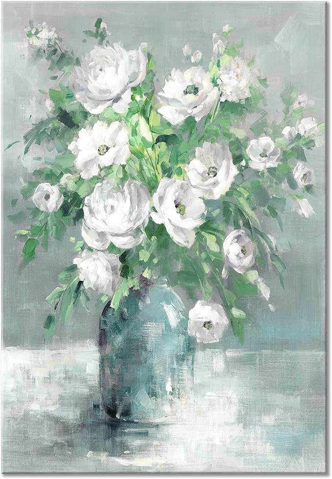 Floral Canvas Wall Art Painting White Rose Flower With Green Leaves Hand-Painted Texture Picture Artwork For Bedroom Bathroom Walls(12x16)