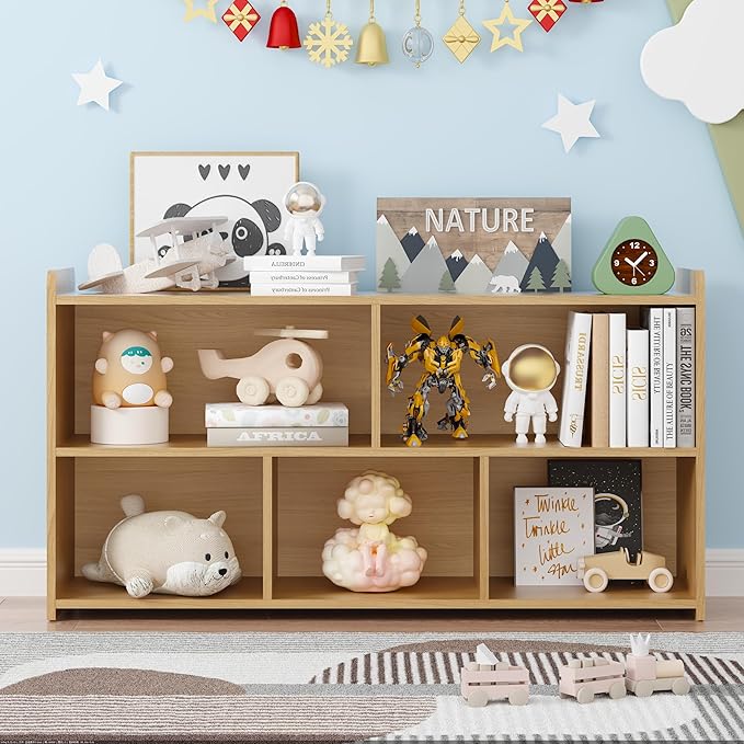 Book Shelf, 5 Cubes Storage Organizer, Open Shelf Wooden Bookcase, Freestanding Log Bookshelf Cube Shelf for Bedroom, Living Room, Home Office